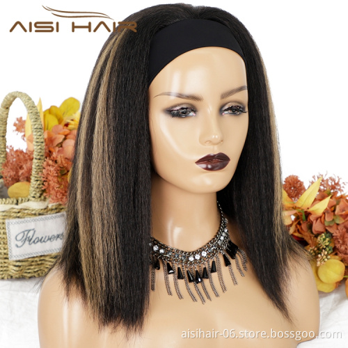 Hot Vendor Natural Hair Headband Wig Highlight Blonde Yaki Curly Synthetic Hair Wigs Women Machine Made Glueless None Lace Wig